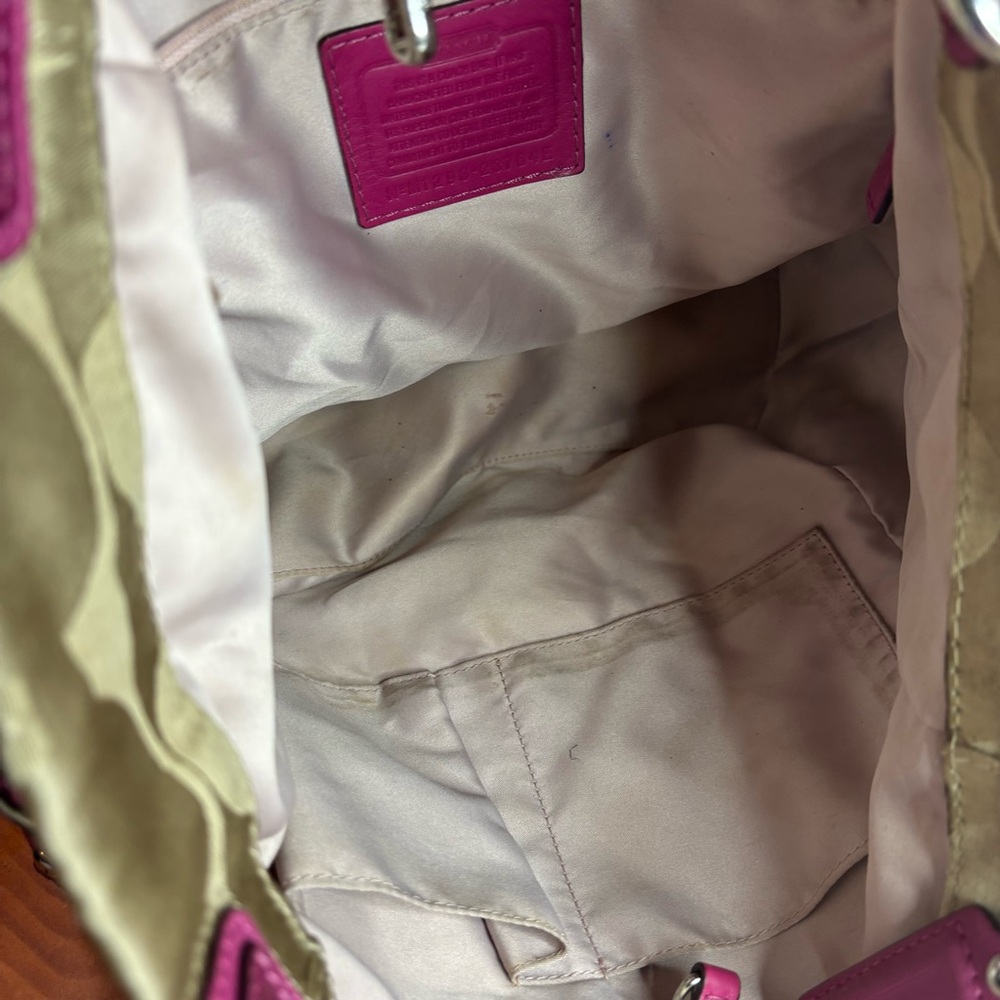COACH Peyton Signature Khaki/ Fushia Sateen Signature Tote Bag - Picture 3 of 14